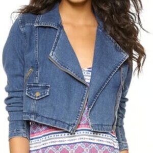 Free People Denim Cropped Moto Jacket Blue Zip Size Small